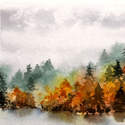 sapins en automne dans la brume aquarelle